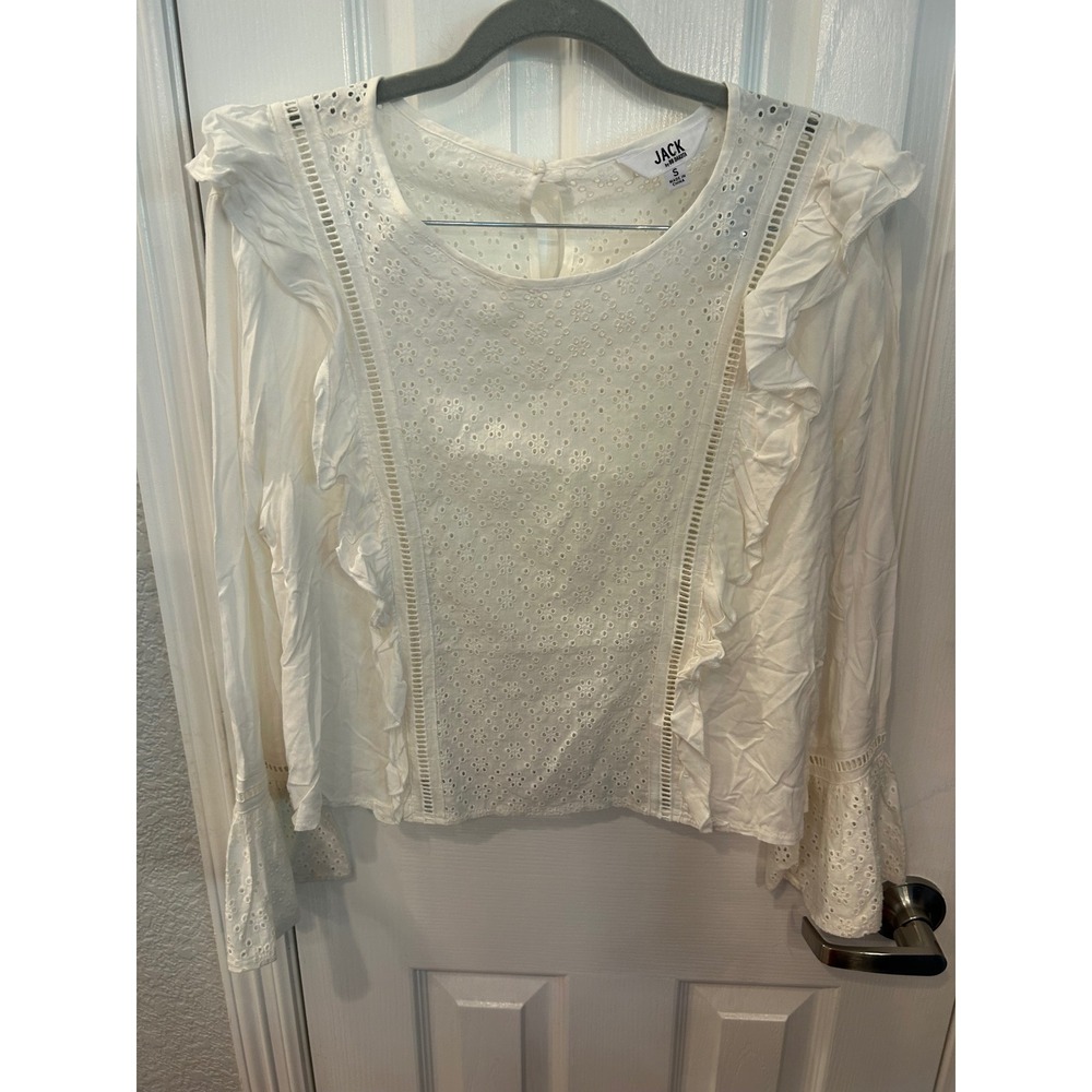 Jack by BB Dakota Blouse White Eyelet‎ Lace Ruffle Bell Sleeve Boho Top